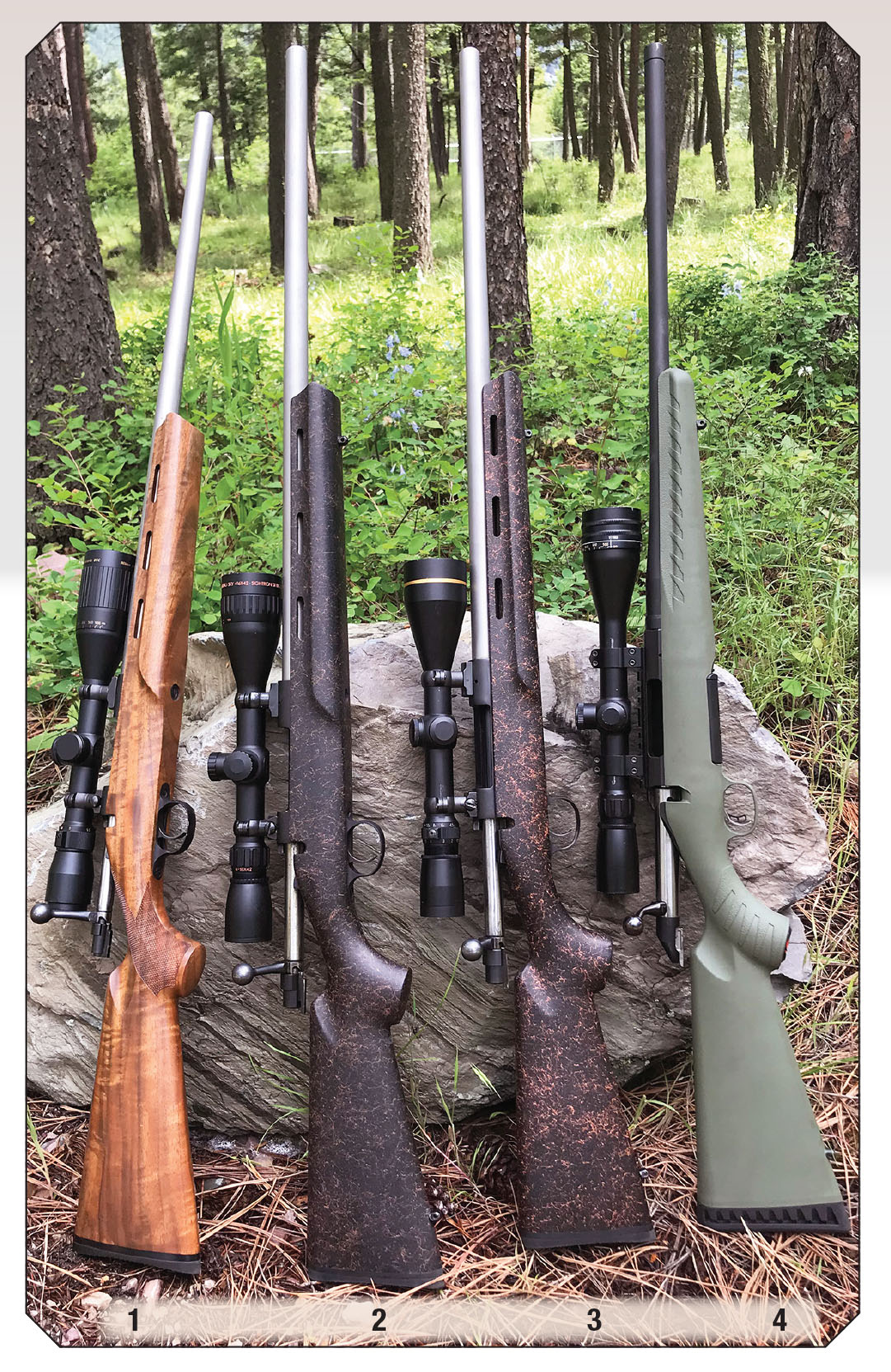 Four rifles used for testing cast bullets included a (1) Cooper Model 21 Varminter .223 Remington, (2) Cooper Model 22 Phoenix .22-250 Remington, (3) Cooper Model 22 Phoenix .243 Winchester and a (4) Ruger American Predator 6mm Creedmoor.